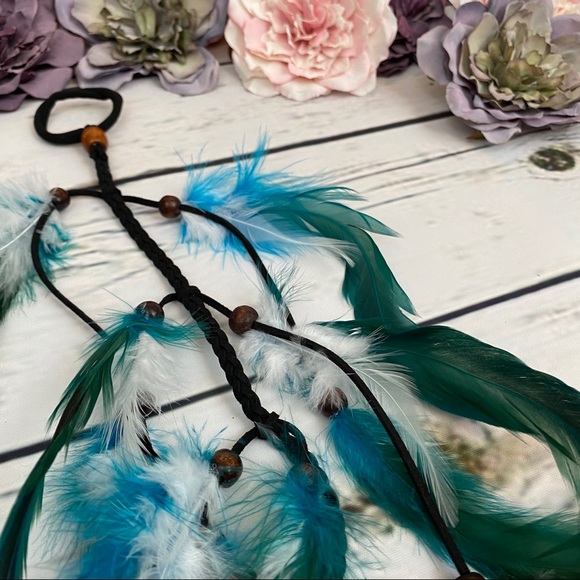 Boho Blue and White Long Feather Elastic Hair Tie - Picture 8 of 14
